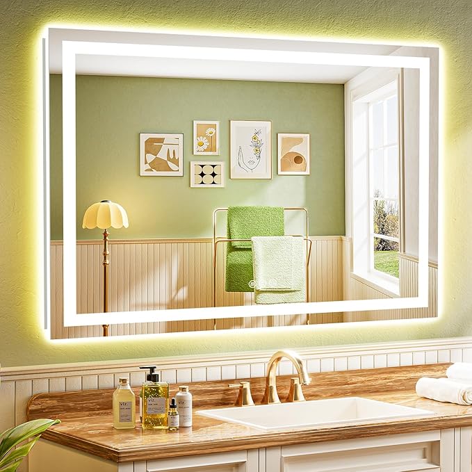 51x40 Inch LED Bathroom Mirror with Lights Front and Backlit Lighted Vanity Mirror for Bathroom Wall with 3 Colors Dimmable Anti-Fog Memory Shatter-Proof IP54 Waterproof Horizontal/Vertical