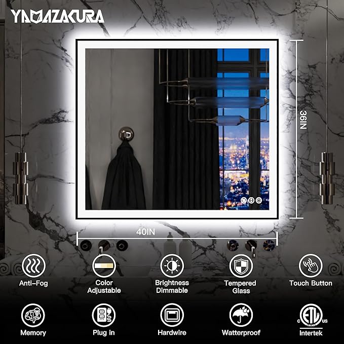 LED Bathroom Mirror 40x36 with Backlit and Front Lighted, Framed Dimmable Illuminated Mirror for Wall Anti-Fog Shatterproof (Horizontal/Vertical)