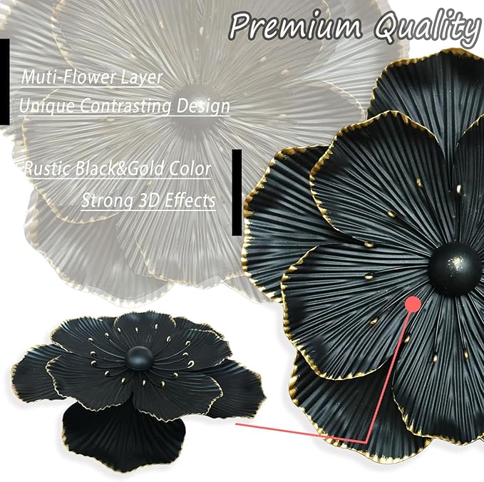 Metal Flower Wall Art Decor, 9" Rustic Modern Floral Sculpture, Distressed Iron Wall Hanging Home Decoration Accent Artworks for Indoor Kitchen Bedroom Living Office Outdoor Garden Patio (35C-Black)