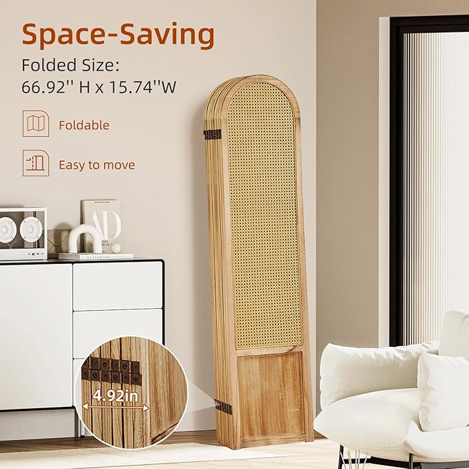 6 Panel Room Dividers and Folding Privacy Screens, Hand-Made Rattan Room Divider with Bi-Directional Hinge, Pre-Assembled Wood Room Divider Wall for Home Office Bedroom, Light Brown