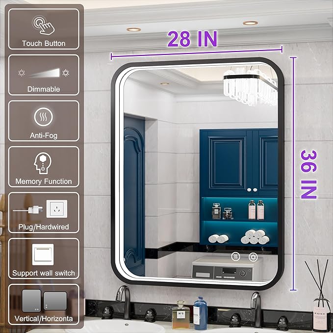 28x36 Inch Black LED Bathroom Mirror - 3 Color Lights (3000K/4500K/6000K), Wall Mounted Lighted Vanity Mirror for Bathroom, Stepless Dimmable, Anti-Fog, Memory Function, Horizontal/Vertical