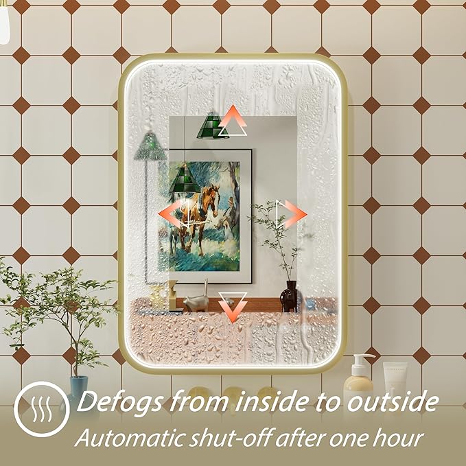 20x28 Inch Gold LED Bathroom Mirror with Lights, 3000K/4500K/6000K, Wall Mounted Framed Lighted Bathroom Vanity Mirrors, Anti-Fog, Stepless Dimmable, Memory Funtion, Horizontal/Vertical