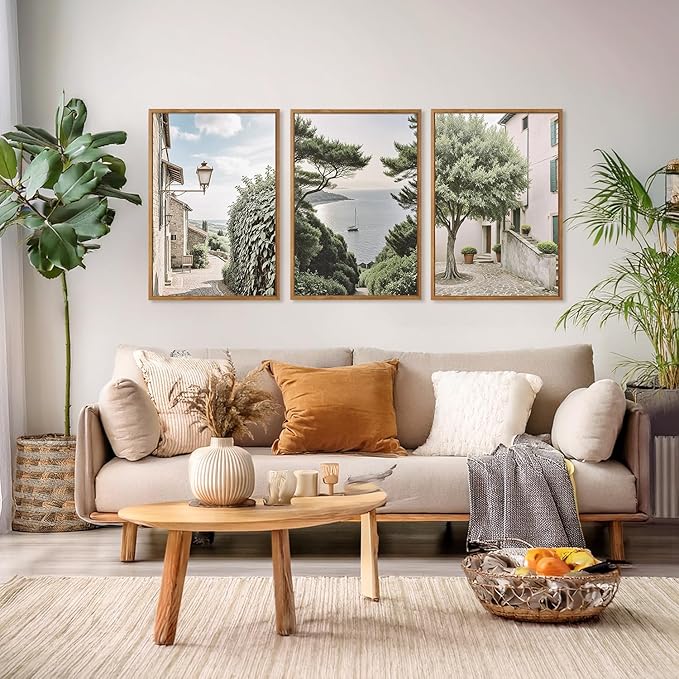Aurlan Neutral Italy Cityscape Gallery Framed Wall Art(24"x36"), 3PCS Vintage Mediterranean Countryside Landscape Canvas Artwork, Large Town Coast Streets Travel Decor Prints for Office Home