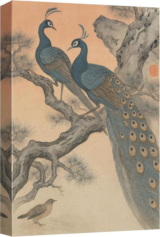 wall26 Canvas Print Wall Art Vintage Chinese Peacock Traditional Oriental Bird Rustic Dramatic Dark Duotone for Living Room, Bedroom, Office - 12"x18"