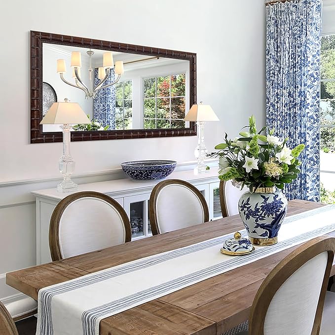 Large Brozne Decorative Mirror for Living Room, 53'' x 29'' Antiuqe Dining Room Mirrors with Bamboo-Joint Frame, Classic Vintage Brozne Wooden Mirror for Entryway, Fireplace, Horizontal/Vertical