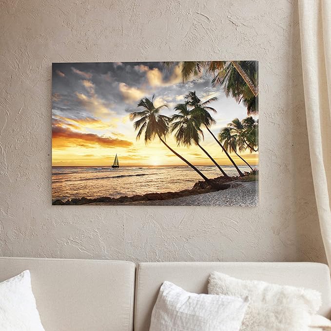 Beach Canvas Wall Art Decor: Bathroom Bedroom Ocean Coastal Scene Print Tropical Seascape Picture Sea Palm Tree Sailboat Artwork Seaside Seashore Landscape Painting for Home Office 36 x 24 Inch