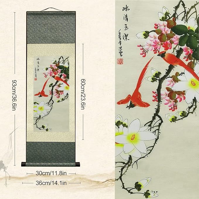 AtfArt Wall Art 4 Pack Asian Decor Birds & Flowers Silk Scroll Painting (36.2 x 12 in) - Chinese Art Wall Hanging, Fade-Resistant, Home Office