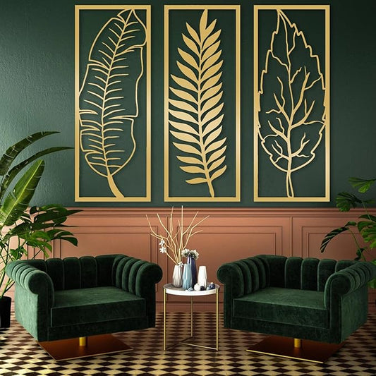 3 Pcs Metal Leaf Wall Decor-Palm Leaf Wall Art, Leaves Metal Wall Decor, Boho Wall Decor, Flower Wall Decor, Modern Wall Art, Maximalist Wall Decor, Wall Decor Living Room (48" x18"|121x47cm, Gold)