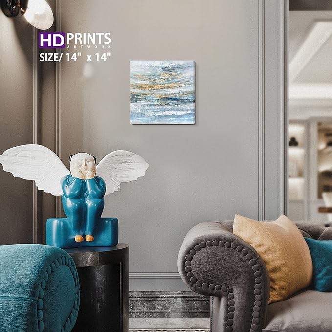 Nicetop Bathroom Wall Art Abstract Canvas Art Print Modern Blue Ocean Picture Small Coastal Sunset & Sunrise Artwork for Sea Lake Themed Home Bedroom Décor 13.3x13.3inch