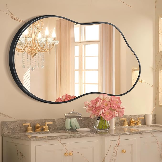 Bathroom Mirror - Black Irregular Wall Mirrors Decorative 26"x46" Asymmetrical Tempered Glass Aviation Aluminum Alloy Frame for Vanity, Bedroom, Living Room, Cloakroom, Entryway