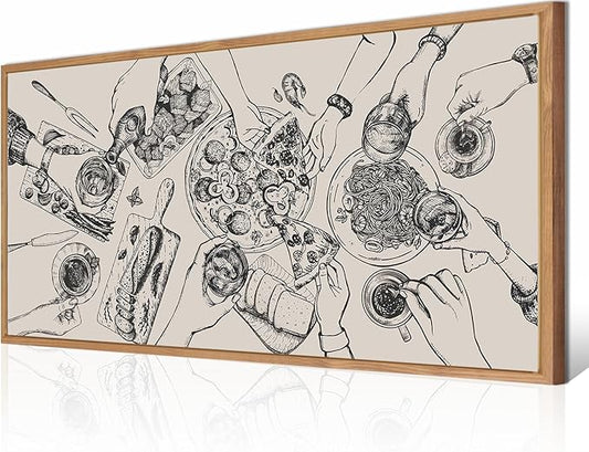 BINCUE Large Framed Wall Art Food and Drink Canvas Wall Decor Pizza Cheers Sketch Painting Retro Canvas Wall Art for Kitchen Dining Room Restaurant Used for Gatherings Decor