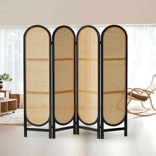 4 Panels Room Dividers and Hand-Woven Rattan Room Divider Wall, Wood Room Divider Folding Privacy Screens for Home Office Bedroom, Black