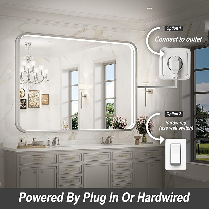 40x30 Inch LED Mirror for Bathroom,Brushed Sliver Metal Frame Lighted Vanity Mirror,Anti Fog Stepless Dimmable,Light Up Wall Mounted Mirror(Horizontal/Vertical)