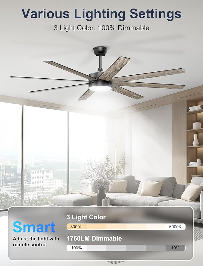72'' Large Ceiling Fans with Lights, Modern Black Ceiling Fan Remote/APP Control, Dimmable, Quiet DC Motor Big Ceiling Fan for Indoor/Covered Outdoor