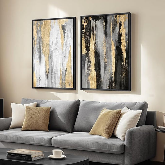 Large Framed Black and White Abstract Wall Art for Living Room, Set of 2 Piece Minimalist Canvas Prints Paintings Artwork for Walls, Modern Black Gold Pictures for Hallway Office Wall Decor Big Size 24x36 In