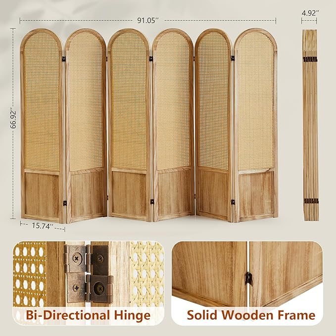 6 Panel Room Dividers and Folding Privacy Screens, Hand-Made Rattan Room Divider with Bi-Directional Hinge, Pre-Assembled Wood Room Divider Wall for Home Office Bedroom, Light Brown