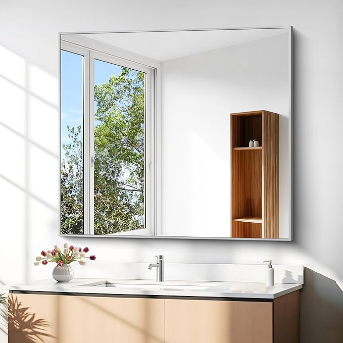 36" x 40"Bathroom Mirror, Silver Rectangle Corner Wall Mirror with Metal Frame, Decorative Rectangular Vanity Mirror for Bedroom Bathroom Living Room Entryway (Horizontal/Vertical)