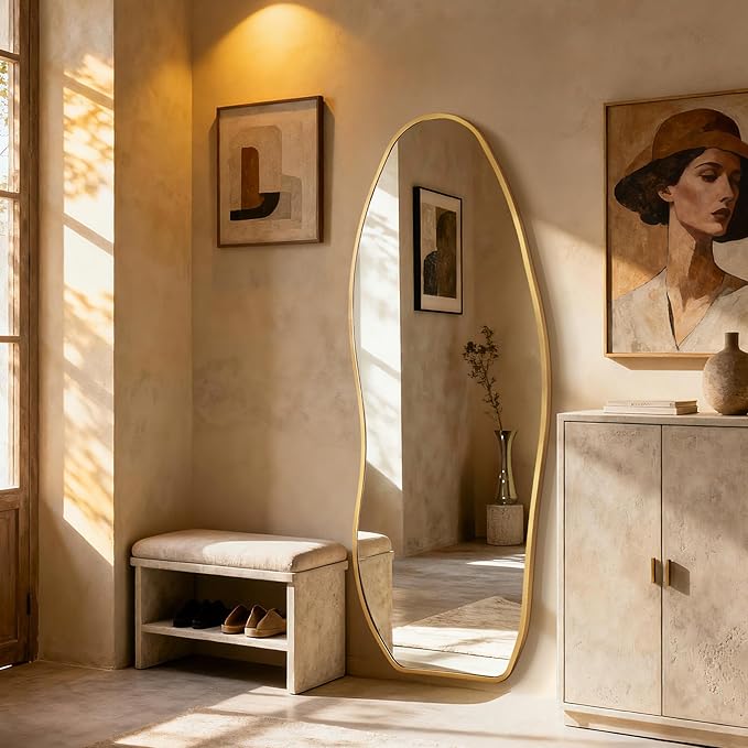 Mirror Full Length - Irregular Full Body Mirror Standing or Leaning or Wall hanging 63"x 24" Asymmetrical Aviation Aluminum Alloy Frame Unique for Bedroom, Living Room, Cloakroom, Entryway