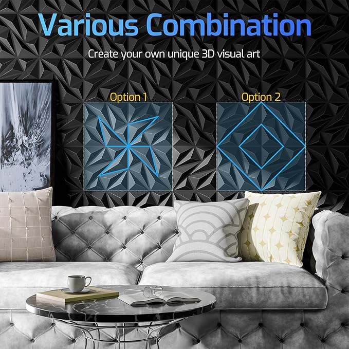 72 Pack 3D Wall Panels for Interior Wall Decor, 11.8'' x 11.8'' Decorative Wall Panels, Accent Wall Panels, 3D Diamond Design Wall Decor for Living Room, Bedroom, Gaming Room, Black