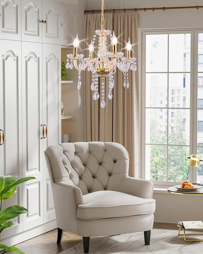 MALOSA Small Gold Crystal Chandeliers,Modern 4 Lights Mini Chandelier,Antique Candle Glass Chandelier for Bedroom,Living Room,Entryway