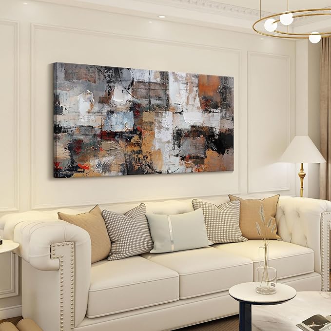 Abstract Canvas Wall Art - Modern Minimalist Wall Painting - Brown Decorations - Framed Wall Art for Bedroom, Office - Artwork Wall Decor - Brown Bedroom Wall Decor Above BedAbstract Canvas Wall Art 24×48IN