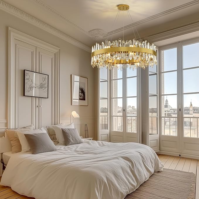 Modern Crystal Chandelier, 16-Lights Round Chandelier for Dining Room 2 Tiers, 32'' Gold Adjustable Raindrop Chandeliers for Bedroom, Dining Chandeliers Over Table for Living Room, Bathroom