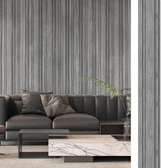 Art3d 4-Pack Glue-On Wall Panels, Wood Grain Texture Interior Wall Decor, 104"x12" Recycled Polystyrene Wainscoting Panels, Low Emission for Living Room Bedroom, Earth Grey Oak