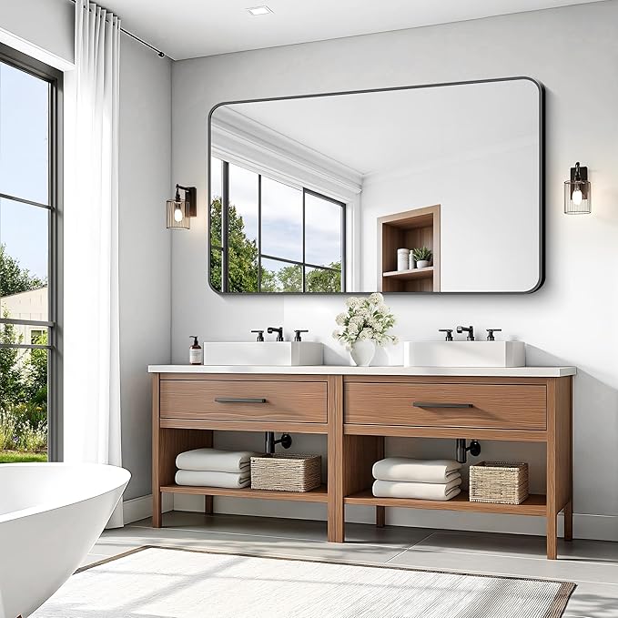 KOCUUY Black Bathroom Mirror 60"x36", Large Vanity Mirror with Rounded Corner, Metal Black Frame with Mordern Design for Bathroom, Living Room, Entryway, Hang Horizontal/Vertical