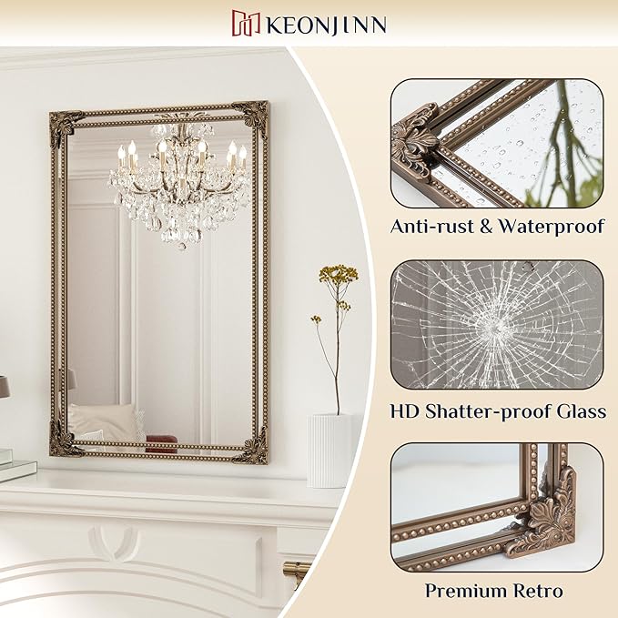 Keonjin Gold Vintage Mirror 30 x 36 Inch, Antique Mirrors Rectangle, Traditional Brass Mantel Decoration, Baroque Style Wall Decor for Hallway, Fireplace, Entryway, Living Room, Anti-Rust, Waterproof