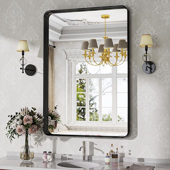 Bathroom Mirror Vanity for Over Sink Wall Mirror - 24x32 Inch Rounded Corner Rectangle Aluminum Frame Mirror,Hangs Horizontally or Vertically for Living Room Bedroom or Entryway Black