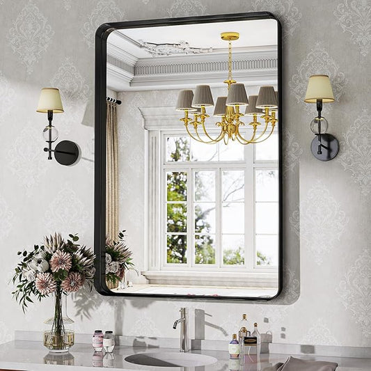Bathroom Mirror Vanity for Over Sink Wall Mirror - 24x32 Inch Rounded Corner Rectangle Aluminum Frame Mirror,Hangs Horizontally or Vertically for Living Room Bedroom or Entryway Black