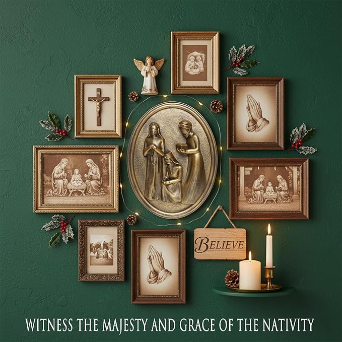 Antique Wall Decor Oval with 3D Three Wise Men for Holy Family, Framed Gold Vintage Wall Art Nativity Set Christian Christmas Decorations For Living Room Bedroom Hallway