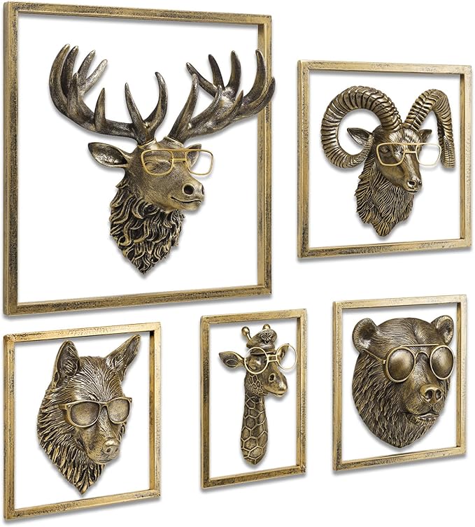 JJALIGHTS Animal Heads Wall Decor Resin Animals Sculptures Head Wall Hanging Decoration Imitation Copper vintage Wall Sculpture for Living Room Bedroom Office(5pcs,Includes Metal Frame)