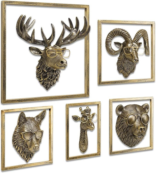 JJALIGHTS Animal Heads Wall Decor Resin Animals Sculptures Head Wall Hanging Decoration Imitation Copper vintage Wall Sculpture for Living Room Bedroom Office(5pcs,Includes Metal Frame)