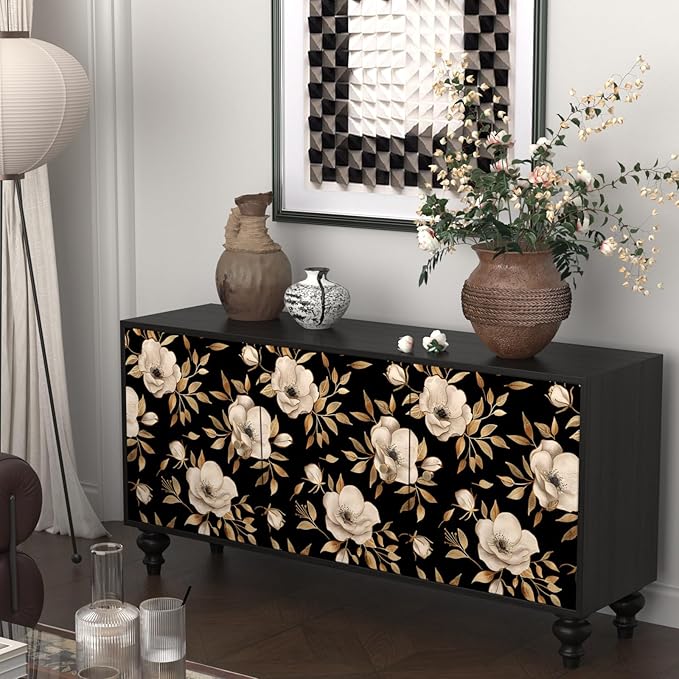 Black Floral Peel and Stick Wallpaper Gold Flowers Contact Paper Self-Adhesive Waterproof Vintage Dark Floral Wall Paper for Bedroom Shelf Liner Cabinet Stair 17.5"x118"