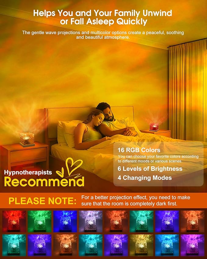 Ocean Wave Projector Light, Cordless Rechargeable,16 Colors 4 Modes Water Ripple Lamp with Touch & Remote Control for Bedroom, Northern Lights Cube Night Light for Room Decor and Mood Lighting