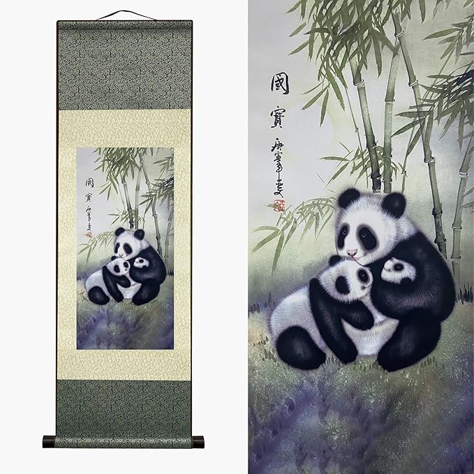 AtfArt Asian Wall Decor Beautiful Silk Scroll Painting Chinese Panda National Treasure Oriental Decor Chinese Art Wall Scroll Wall Hanging Painting Scroll (36.2 x 12 in)