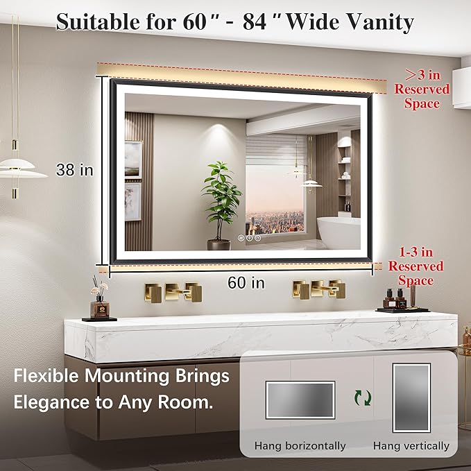 60x38 Black Framed Led Bathroom Mirror with Lights, Front Lit and Backlit, Lighted Vanity Mirror for Bathroom Wall, Anti-Fog, Dimmable, 3 Colors, Memory, HD Tempered Glass