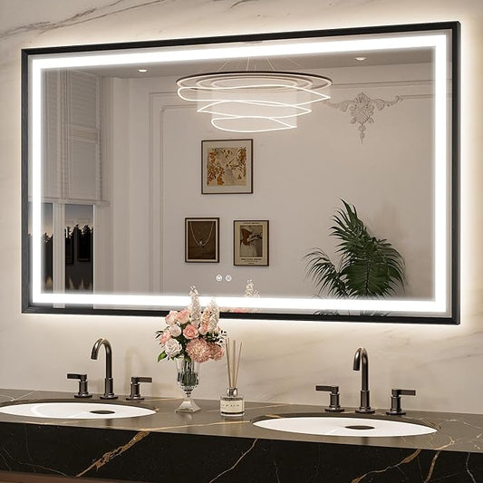 Keonjinn 60 x 36 in Black Bathroom LED Mirror with Frontlit & Backlit, Large LED Vanity Mirror, HD Tempered Glass, Aluminium Alloy Beveled Frame, 3000K/4500K/6000K, Dimmable, Defogging, Shatter-Proof