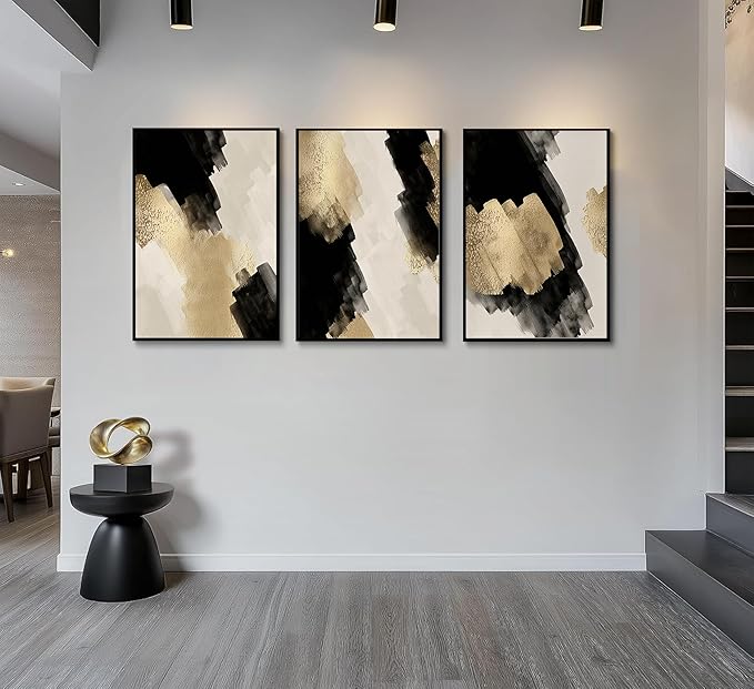 3Pcs Black and Gold Abstract Wall Art Modern Minimalist Posters Prints Neutral Abstract Pictures Painting Wall Decor for Living Room Bedroom Office Decoration Unframed