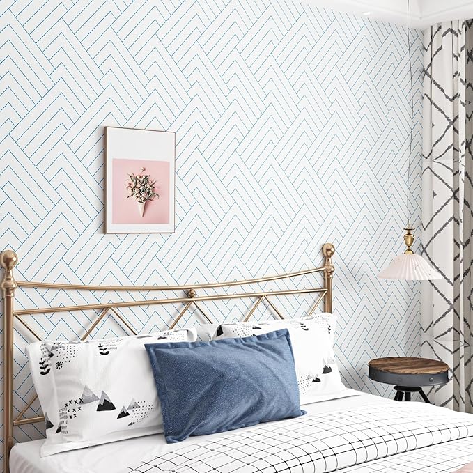 Blue White Geometric Peel and Stick Wallpaper Self Adhesive Geometric Contact Paper for Walls Striped Wallpaper Peel and Stick Modern Accent Wallpapers for Bedroom Kitchen Bathroom 17.5"x120"
