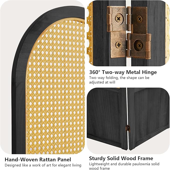 4 Panel Room Divider and Folding Privacy Screen 5.6 Ft Foldable Double Hinged Room Partition, Hand-Woven Rattan Room Divider Portable Wood Wall Divider for Room Separation, Home, Black