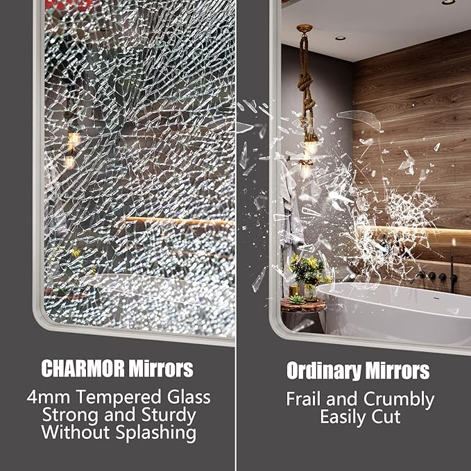 60x28 Matte Bathroom Mirror for Wall, Silver Brushed Framed Bathroom Vanity Mirror, Rectangle Bathroom Nickel Mirror, Rounded Corners, Tempered Glass(Horizontal/Vertical)