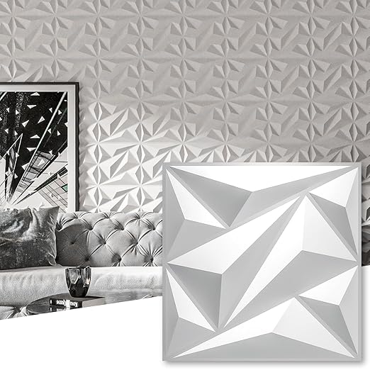 Art3dwallpanels 50 Pack 3D Wall Panel Diamond for Interior Wall Décor, PVC Flower Textured Wall Panels for Living Room Lobby Bedroom Hotel Office, White, 12''x12''