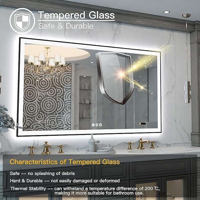 LED Mirror for Bathroom 60x36 - Vanity With Backlit and Front Light, Framed Dimmable Illuminated for Wall, Anti-Fog, Shatterproof, Memory, 3 Colors (Horizontal/Vertical)