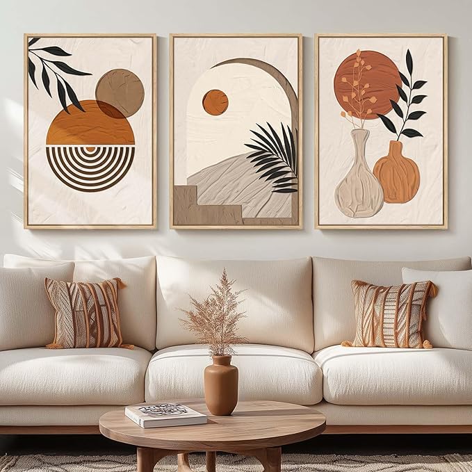 Large Boho Framed Wall Art for Living Room, Set of 3 Piece Neutral and Orange Canvas Paintings Artwork for Walls, Bohemian Wall Hanging Art Prints Picture for Office Wall Decor Big Size Total 30x60 In