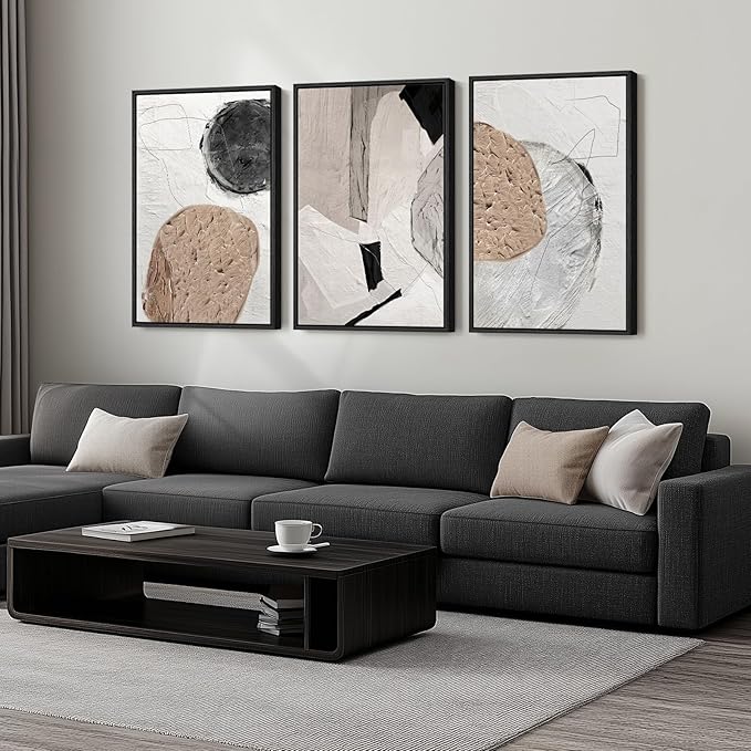 Large Framed Neutral Abstract Wall Art for Living Room, Set of 3 Piece Modern Wabi Sabi Art Beige and Black Canvas Artwork for Walls, Contemporary Minimalist Geometric Painting Prints 24x36 Inch