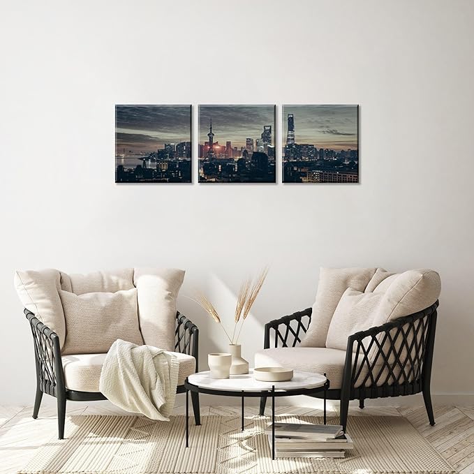 NAN Wind 3Pcs Modern Shanghai Skyline Canvas Wall Art Dusk City Panorama Print Oriental Pearl Tower Night Scene Artwork Living Room Office Decor Black Grey Gold Urban Photography Print on Canvas Decor