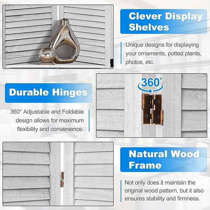 6 Panel Room Divider 5.6FT Louvered Design Room Dividers with Display Shelves Folding Privacy Screens Portable Freestanding Partition Wall Dividers for Bedroom & Office, Retro White