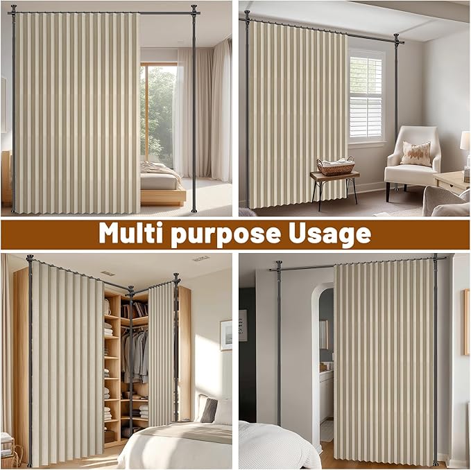AJAZZ Room Divider Curtain (2 Panels, Beige, W100 x L84 in)+ Curtain Rods No Drilling Adjustable Tension (H) 43-120×(W) 35-200 in, Heavy Duty Wall Divider for Apartment/Dorm